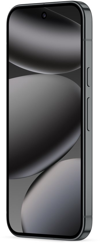 Grijze Google Pixel 10 Pro smartphone, van voren gezien, met een klein camera-eiland aan de bovenzijde.