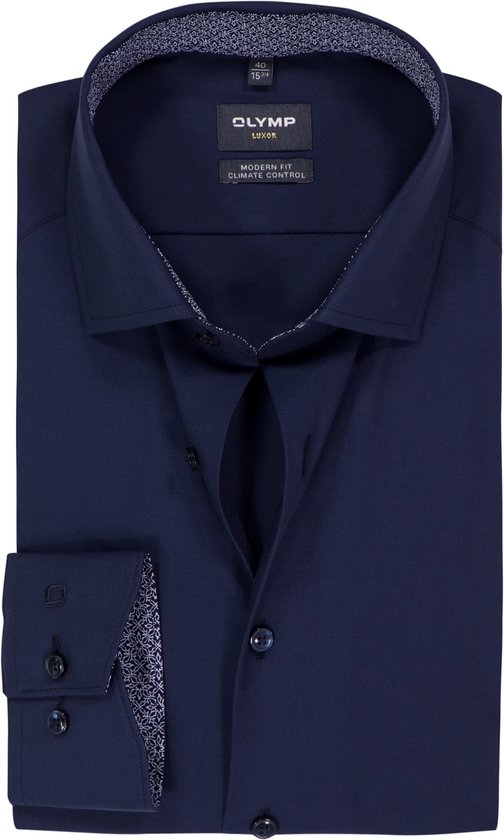 OLYMP 24/7 Luxor modern fit overhemd - twill - marine blauw - Strijkvriendelijk - Boordmaat: 40