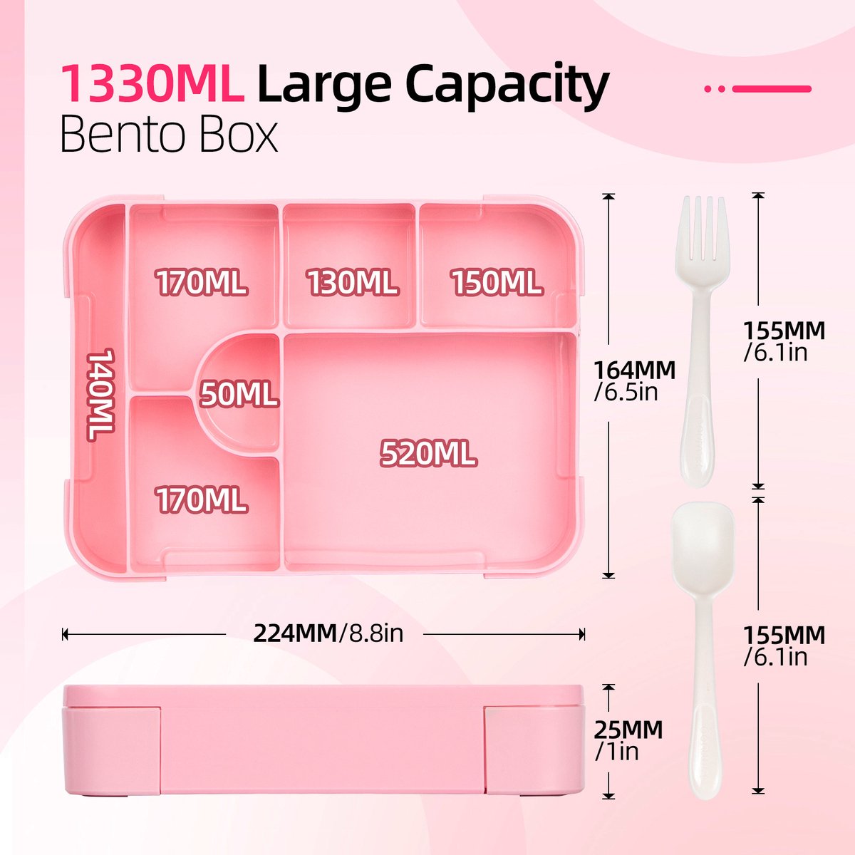 Lunchbox - Broodtrommel - 1330 ml - Broodtrommel voor Kinderen - Bento Box - Bentoboxen met Bestek - Lekvrij - Geïsoleerde Lunchbox voor Volwassenen en Kinderen, Picknick, Werk, School - Roze — cadeau in Koken & Dineren - foto 6