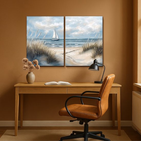 Ensemble de peintures sur toile 120x80 cm - Décoration murale diptyque - Plage - Peinture - Nature - Bateau - Décoration murale murale salon - Décoration chambre - Accessoires chambre - Peintures sur toile