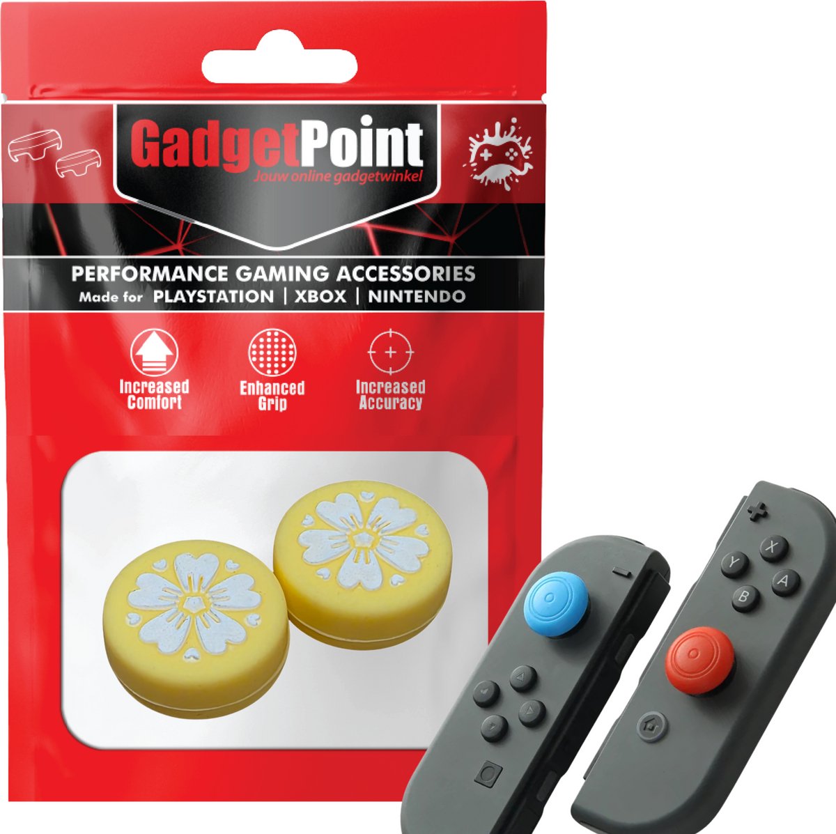 Gadgetpoint | Gaming Thumb Grips | Performance Thumbsticks | Accessoires geschikt voor Nintendo Switch Joy-Con Controller(s) | Thumbgrips | Bloemetjes - Geel met Wit