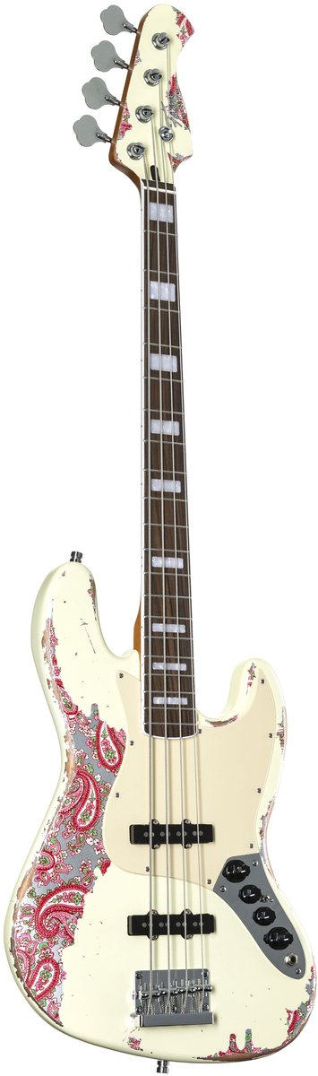 Fame Custom JB 4 Worn Vintage White over Pink Paisley - Elektrische basgitaar