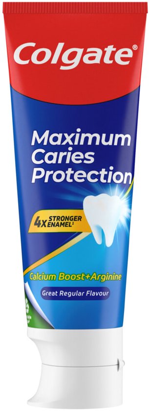 Colgate tandpastatube met rode en blauwe accenten. "Maximum Caries Protection", "Calcium Boost+Arginine".