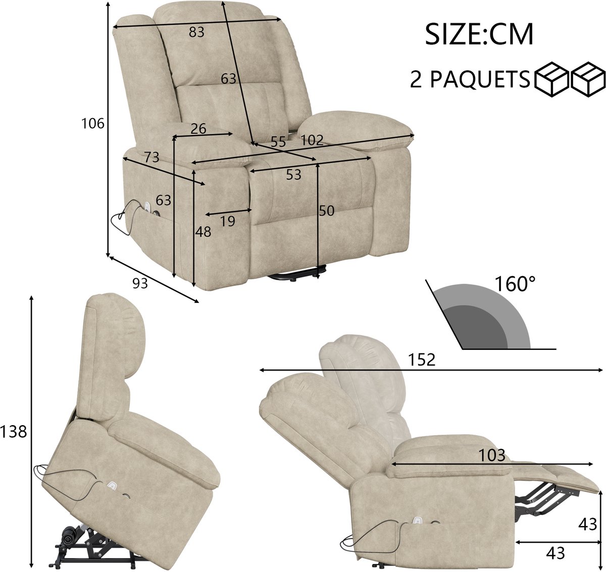Afbeelding 2 van Elektrische Relaxfauteuil Massage en Verwarming Beige