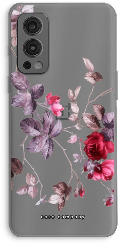 Transparante Case Company softcase met een print van donkerrode en paarse bloemen en bladeren voor de OnePlus Nord 2 5G.
