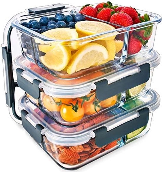 GLASWERK maaltijdboxen - Glazen vershoudbakjes met 2 aparte vakken - 100% lekvrije, glazen vershoudboxen - Etensbakjes perfect voor maaltijdbereiding, 3 x 1040ml