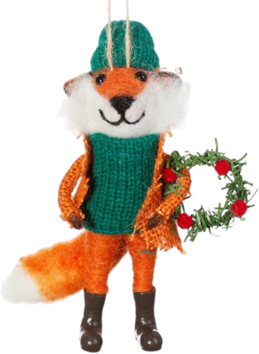 Sass & Belle Vos met krans vilten kersthanger - Sass & Belle oranje