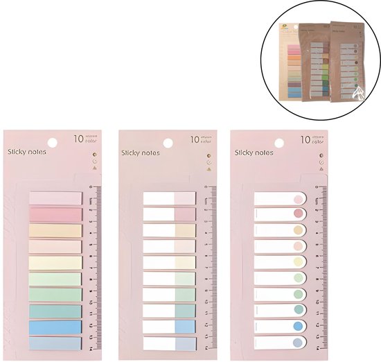 Drie pakken transparante sticky notes met liniaal, in pastelkleuren: roze, geel, groen, blauw.
