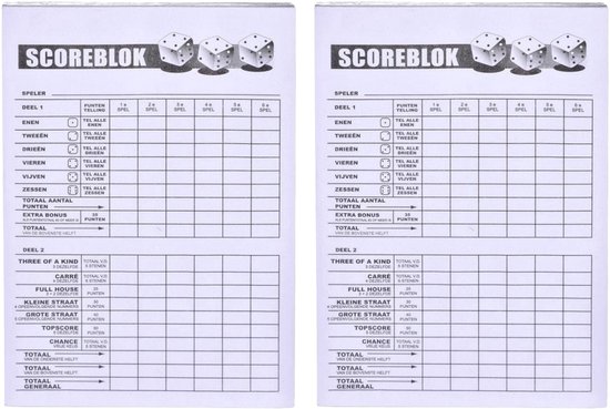 Twee identieke scoreblokken, elk met drie dobbelstenen bovenaan en kolommen voor spelers en scores.