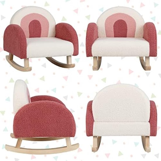 Kinder Schommelstoel Teddy Fluweel Rood Met Massief Houten Poten Anti-Kantel Design Mini Stoel Voor Kinderkamer Peuters 3-5 Jaar — afbeelding 4