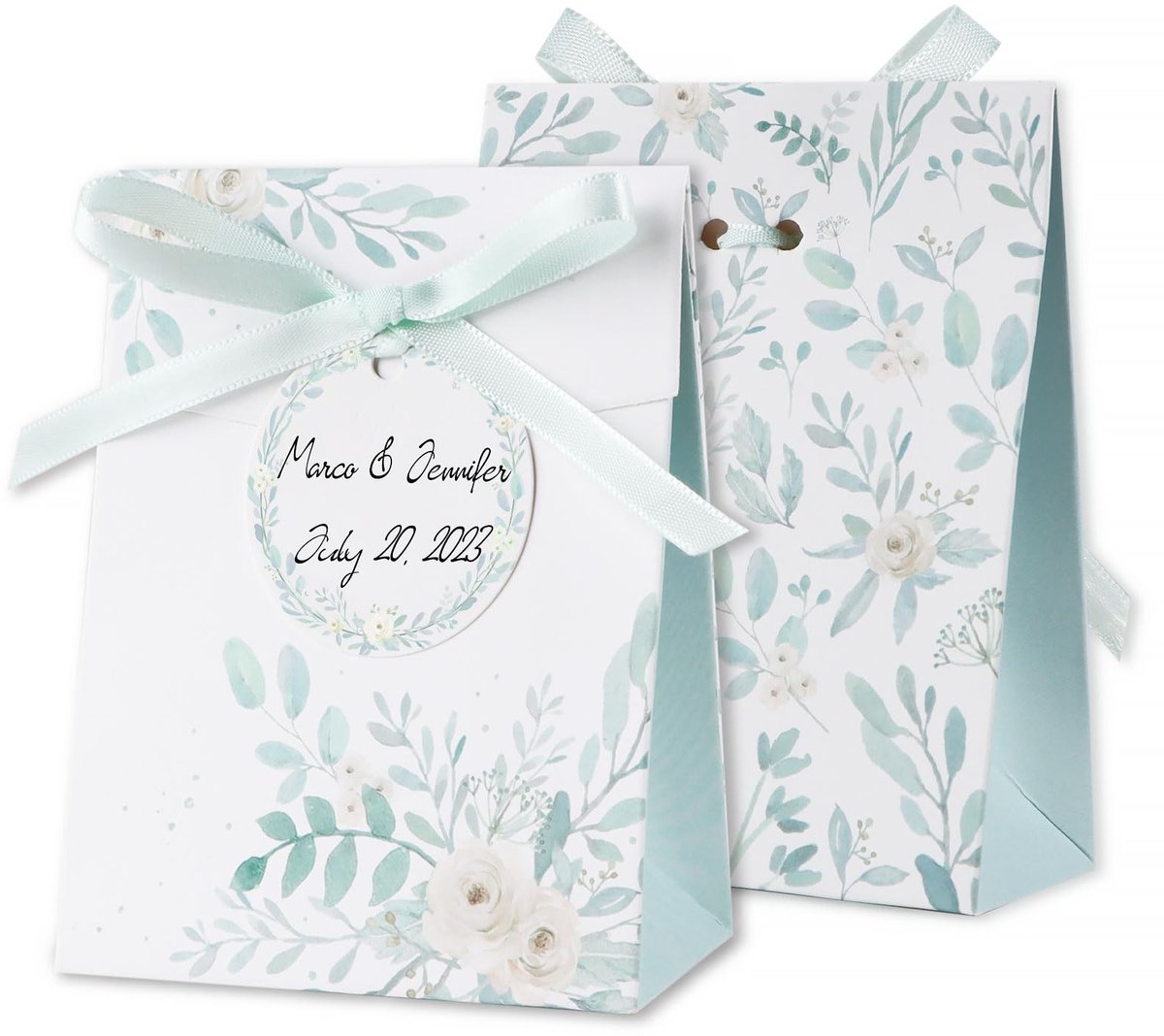 Pack of 50 wedding gift boxes 8 x 4 x 10 cm with green leaf design including gift hangers and ribbons, small gift boxes for wedding guest gift christening gift box etc.