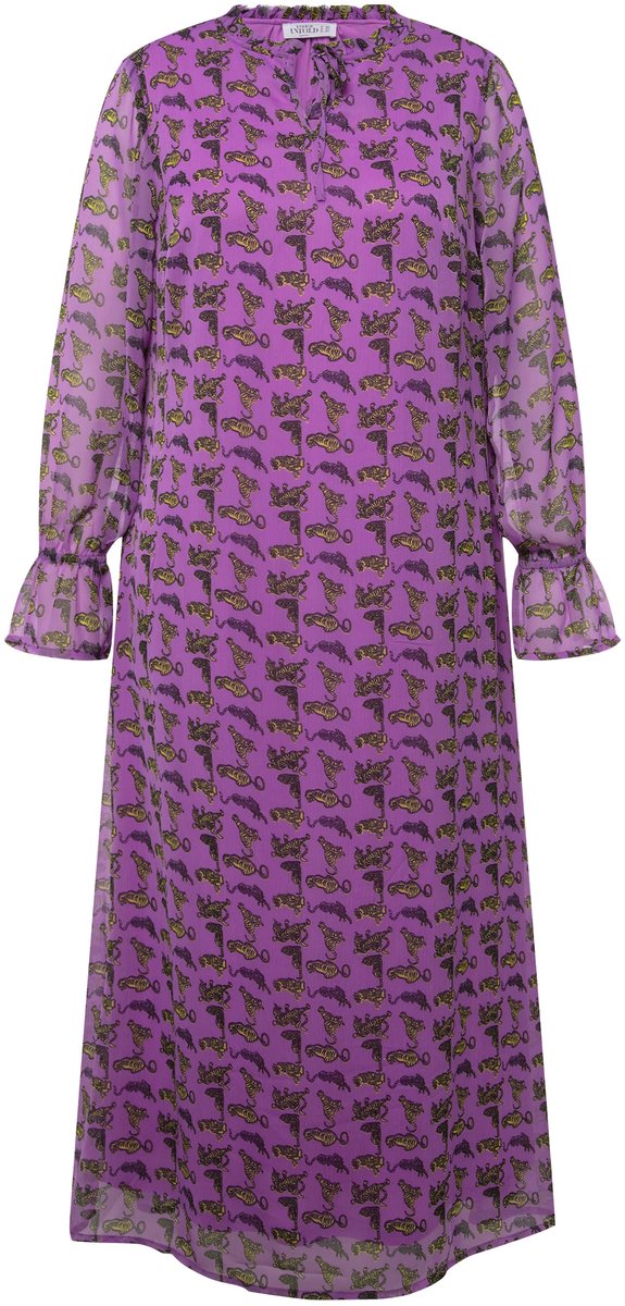 Studio Untold - Dames - Maxi-jurk A-lijn chiffon tijgerprint volangs ruchekraag - Lavendel - Maat 46+