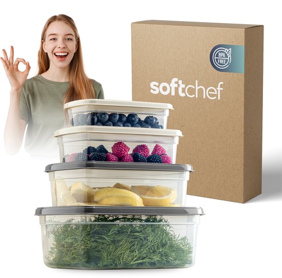 Soft Chef Easy Box 8-delige rechthoekige voedselbewaarset (4 formaten × 2 stuks: 250/500/750/1200 ml) – BPA-vrij – Luchtdicht & stapelbaar – Transparant – Eigen productie van hoogwaardig kunststof