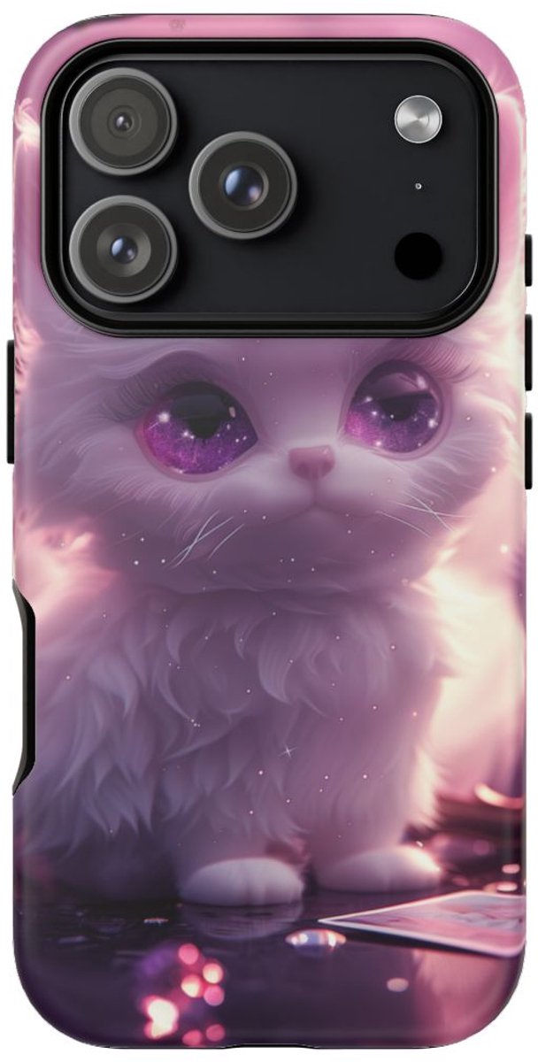Witte Fluffy Kat met Paarse Ogen – Telefoonhoesje Geschikt voor iPhone 17 Pro