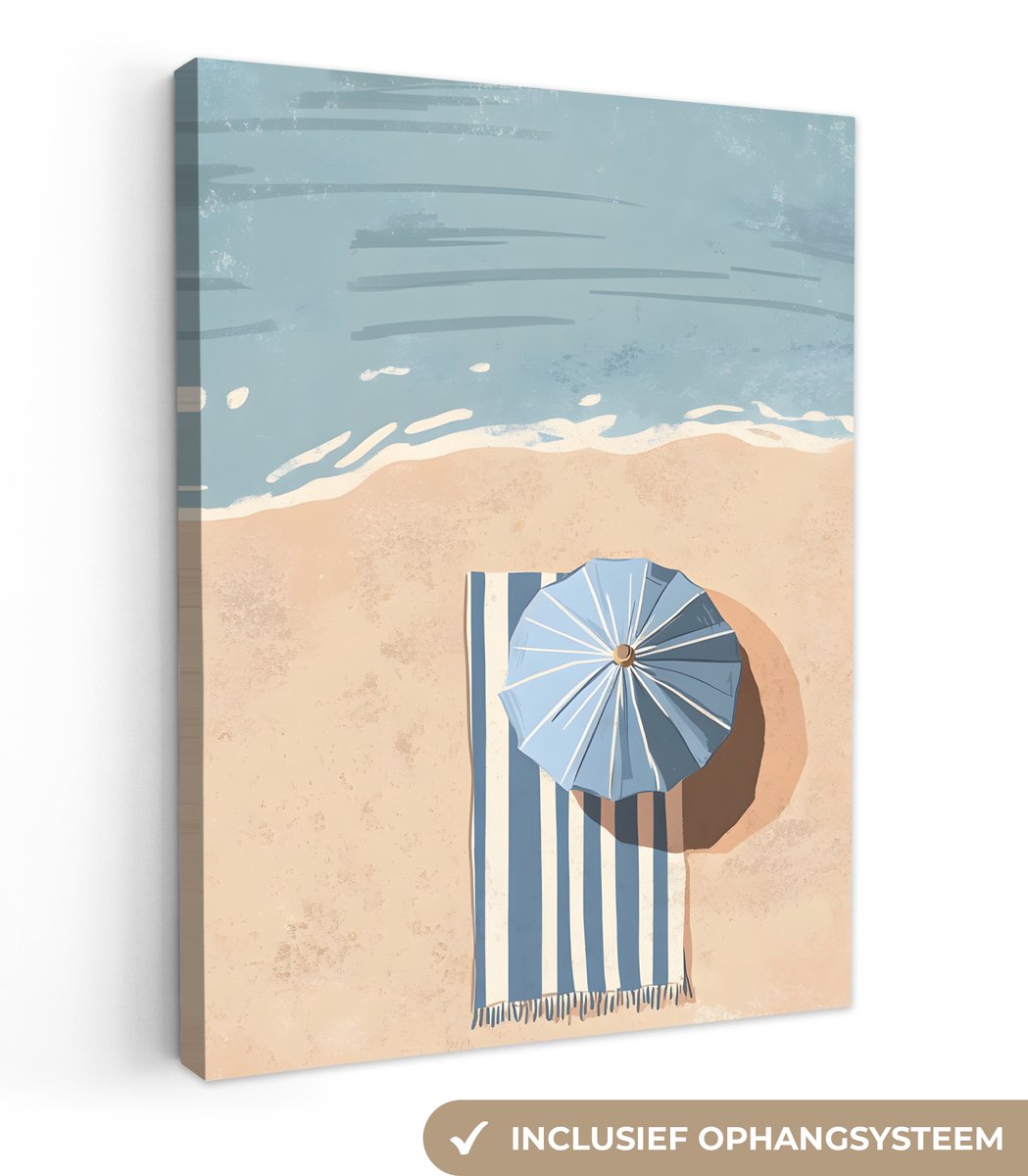 Canvas schilderij 120x160 cm - Exclusieve wanddecoratie Strandlaken - Strepen - Parasol -