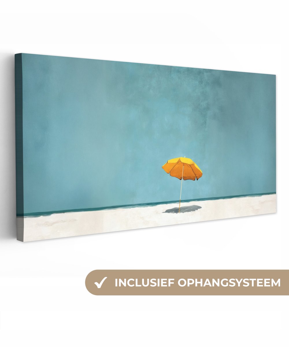 Canvas schilderij 40x20 cm - Exclusieve wanddecoratie Parasol - Geel - Strand - Zee - Muur