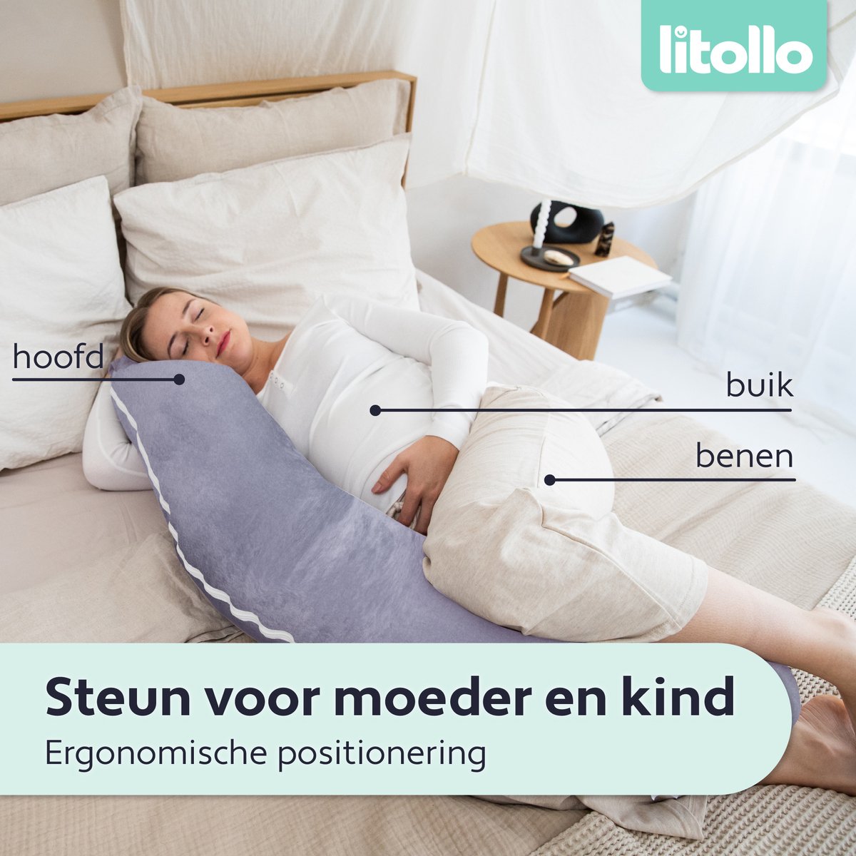 Litollo® Zwangerschapskussen XL - Voedingskussen - Lichaamskussen - Body pillow - 140cm - Afneembare hoes - Grijs - Fleece – foto 3