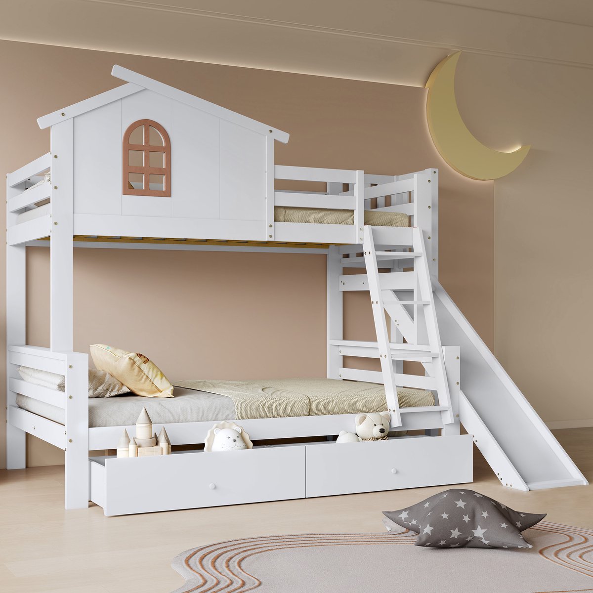 Sweiko Stapelbed - 90x200 + 120x200 cm - met glijbaan - 2 lades - Kinderbed - Wit
