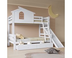 Sweiko Stapelbed - 90x200 + 120x200 cm - met glijbaan - 2 lades - Kinderbed - Wit