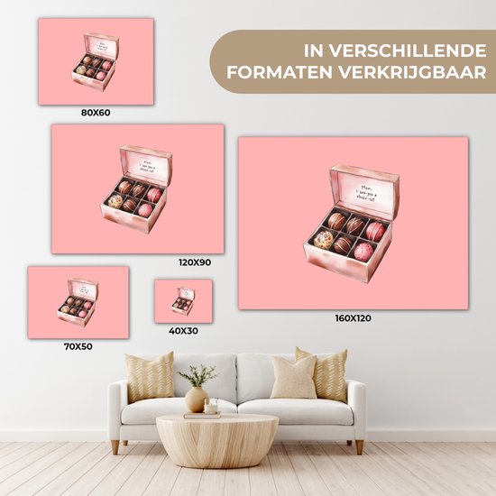 Canvas schilderij 80x60 cm - Exclusieve wanddecoratie Doosje - Bonbons - Liefdevolle - Tekst - Muurdecoratie woonkamer - Slaapkamer decoratie - Kamer accessoires - Schilderijen op canvas - Moederdag cadeautje - Cadeau voor mama