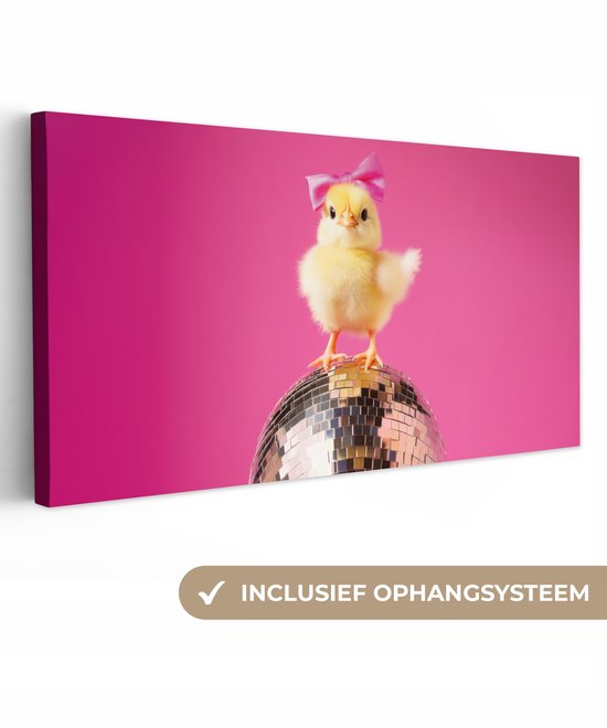 Canvas schilderij 40x20 cm - Exclusieve wanddecoratie Discobal - Kuiken - Strik - Muurdecoratie woonkamer - Slaapkamer decoratie - Kamer accessoires - Schilderijen op canvas - Pasen - Paasdecoratie - Paas versiering