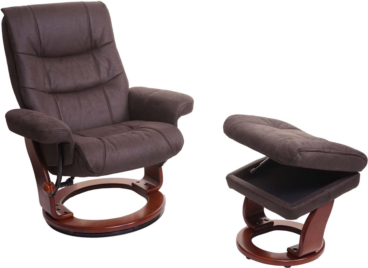 MCA Relaxfauteuil MCW-J42, TV-fauteuil TV-fauteuil kruk, stof ~ zwart-bruin imitatiesuède, frame walnoot-look