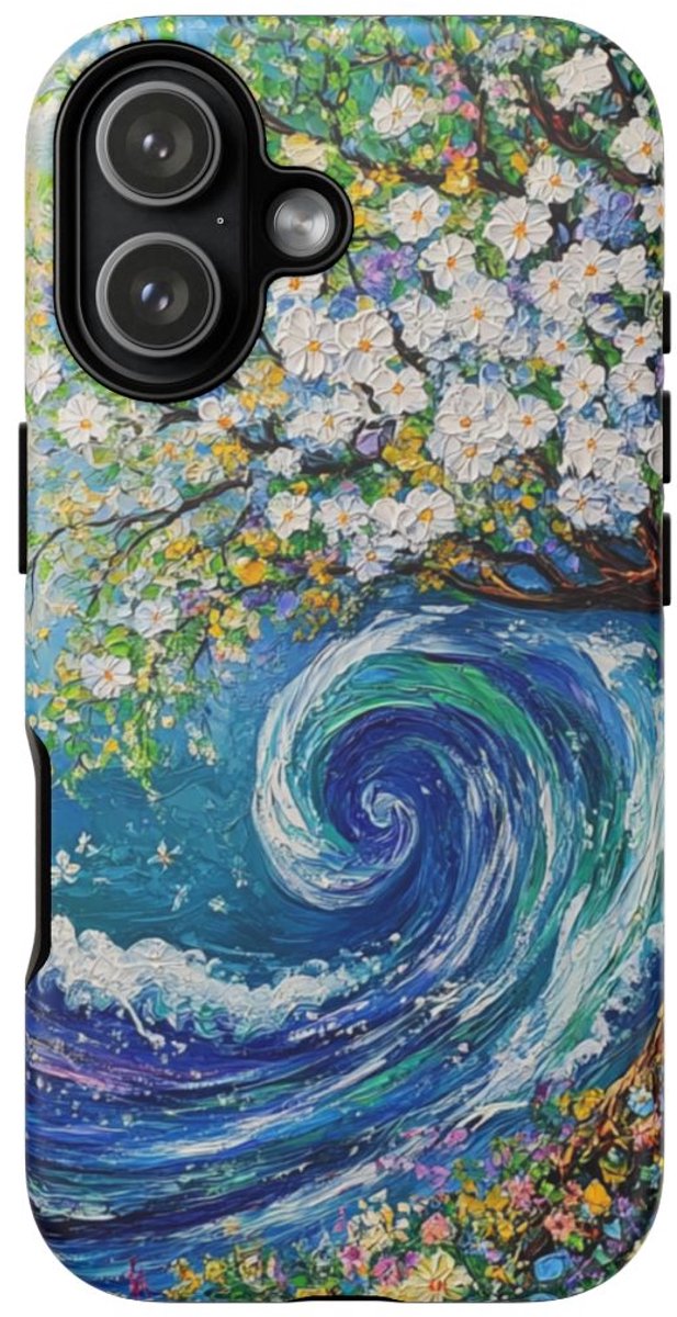 Bloeiende Boom en Oceaangolf Schildering – Telefoonhoesje Geschikt voor iPhone 17