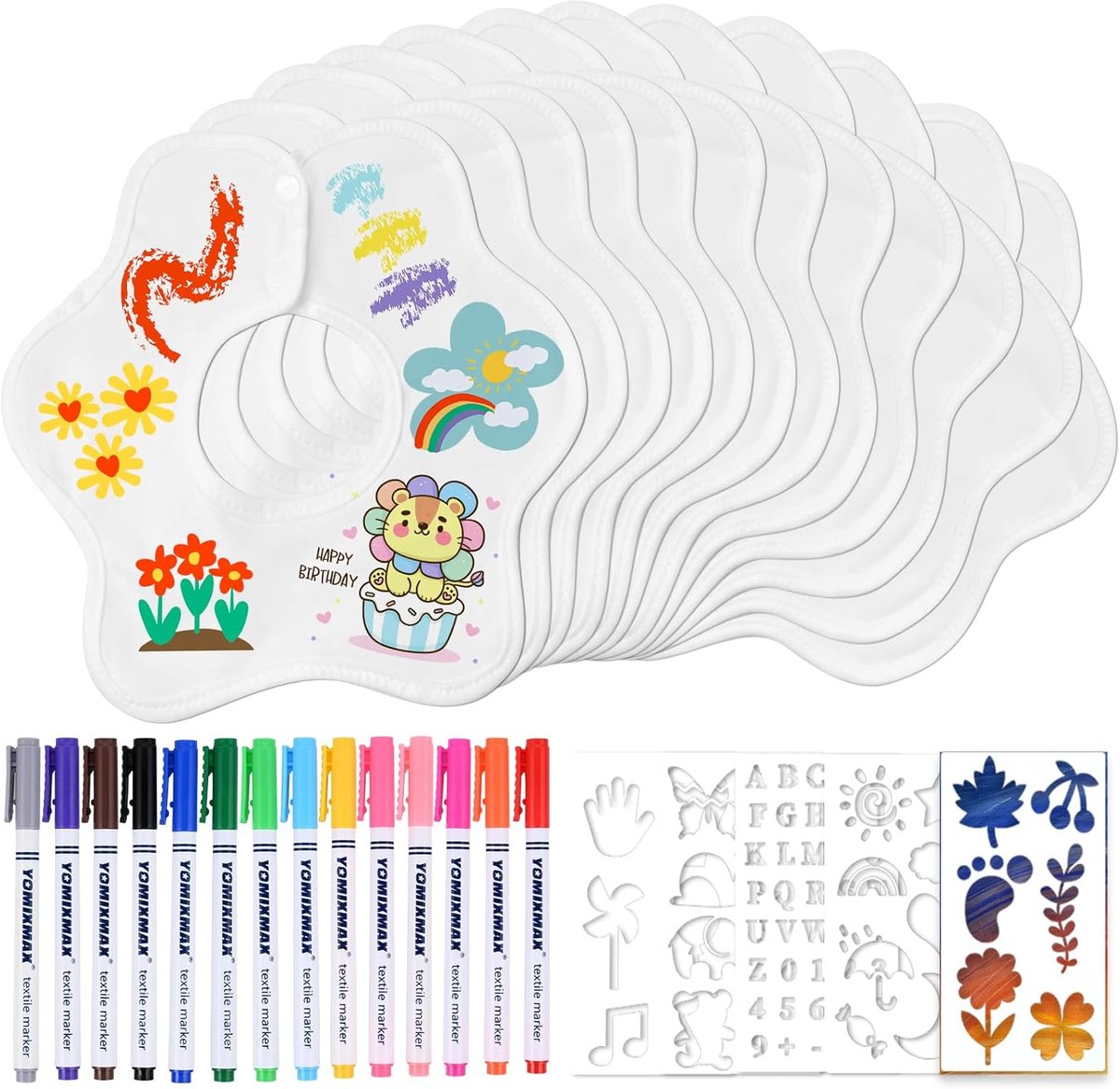 Image of 12 Stuks Babyslabbetjes om te Beschilderen met Textielstiften en Schildersjablonen