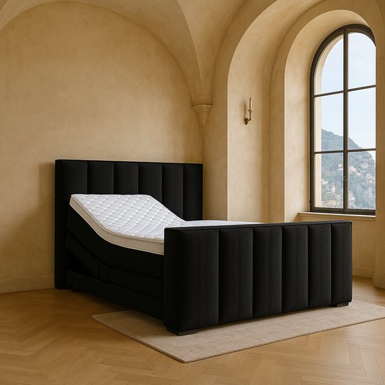 Boxspring Amalfi Elektrische verstelbaar met Luxe Pocketvering Stof 160x200 cm zwart Gratis 2x Hoofdkussens