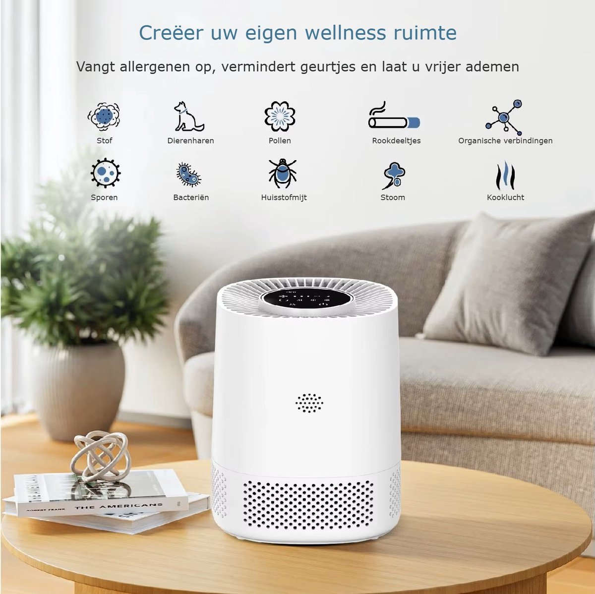 Luchtreiniger – air purifier – vervangbaar H13 HEPA filter en koolstof filter – 102m3/u – indicatie luchtkwaliteit – tegen stof, allergie, dierenharen, huisstofmijt en kooklucht – 3 snelheden, slaapstand en automatische stand – slimme luchtzuiveraar — afbeelding 5