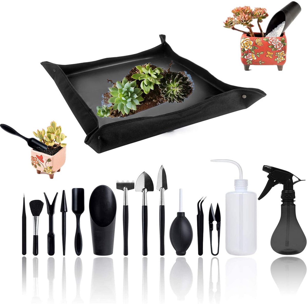 Succulenten Gereedschapset - 14-delig Mini Handgereedschap - met Verpot- en Transplantatiemat - voor Miniatuur Kamerplanten