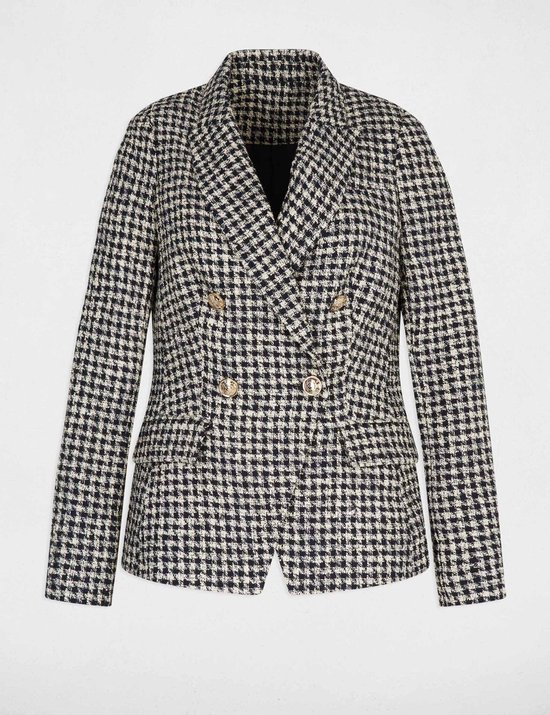 Un blazer croisé cintré à motif pied-de-poule noir et beige, sans mannequin.