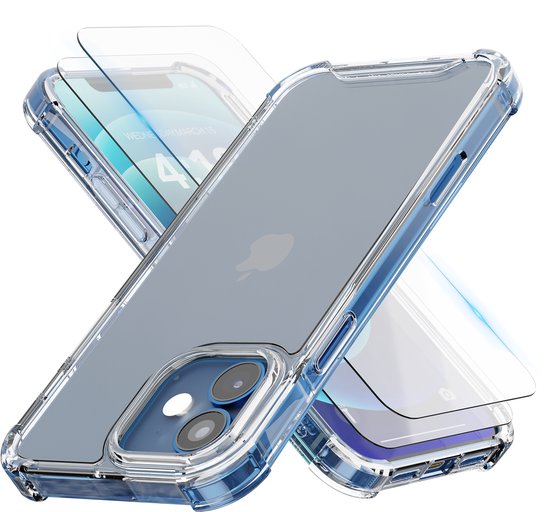 Coque transparente avec bordure bleue pour iPhone 12 Mini avec deux protecteurs d'écran.