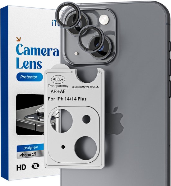 iPhone 15 avec protecteur d'objectif de caméra Itech et protecteurs d'objectif, y compris un outil d'installation.