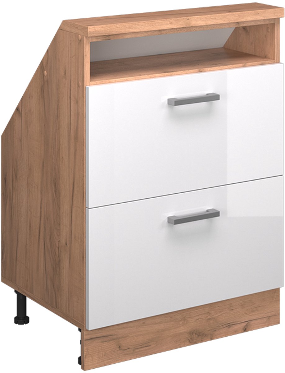 Vicco R-Line Keukenkast voor schuine wand – 60 cm met 2 laden Wit hoogglans/goud power eiken Wit Hoogglans/Goudkleurig Eiken