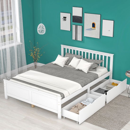 HAUSS SPOLE Opbergbed - Tweepersoonsbed 140x200 - Dubbelbed Met Opbergruimte En Lattenbodem - Grenen - Wit
