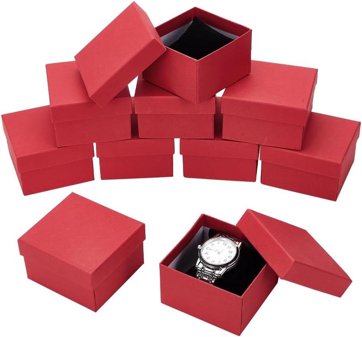 Allecto plus - Zwarte horlogegeschenkdozen 10 stuks, 9 x 8,5 x 5,5 cm - Sieradendoos voor horloges - Jubilea bruiloften verjaardagscadeau - Indiaas - Kartonnen horloge opbergdoos