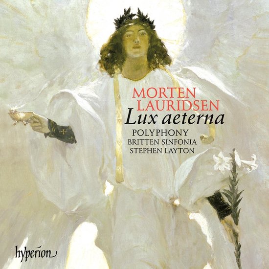 Albumhoes met een engel in het wit met een krans en een gouden beker, 'MORTEN LAURIDSEN Lux aeterna' erop.