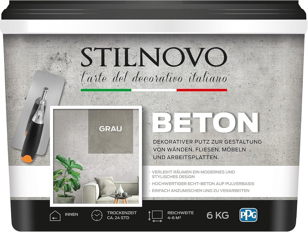 Stilnovo Beton - Grijs - Mineraalgebonden echt beton - Eenvoudig te mengen en aan te brengen - Hoge kwaliteit - Mat - 4-6m² - 6 KG