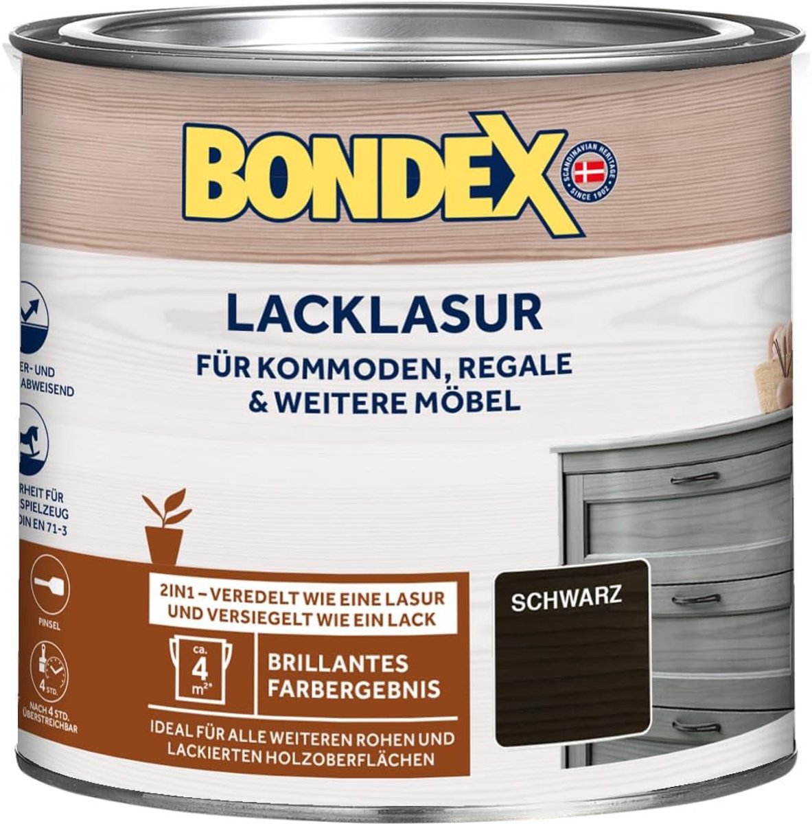 Bondex Zwarte Lakbeits 0,375 L voor 3,75 m² | 2-in-1 - verfijnt en verzegelt | Water- en vuilafstotend | Veiligheid voor kinderspeelgoed volgens DIN EN 71-3 | Zijdeglans | Houtbeits