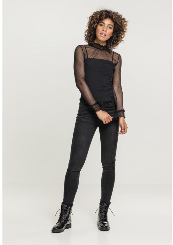 Urban Classics Haut à manches longues - XS- Mesh Double Layer, Zwart translucide