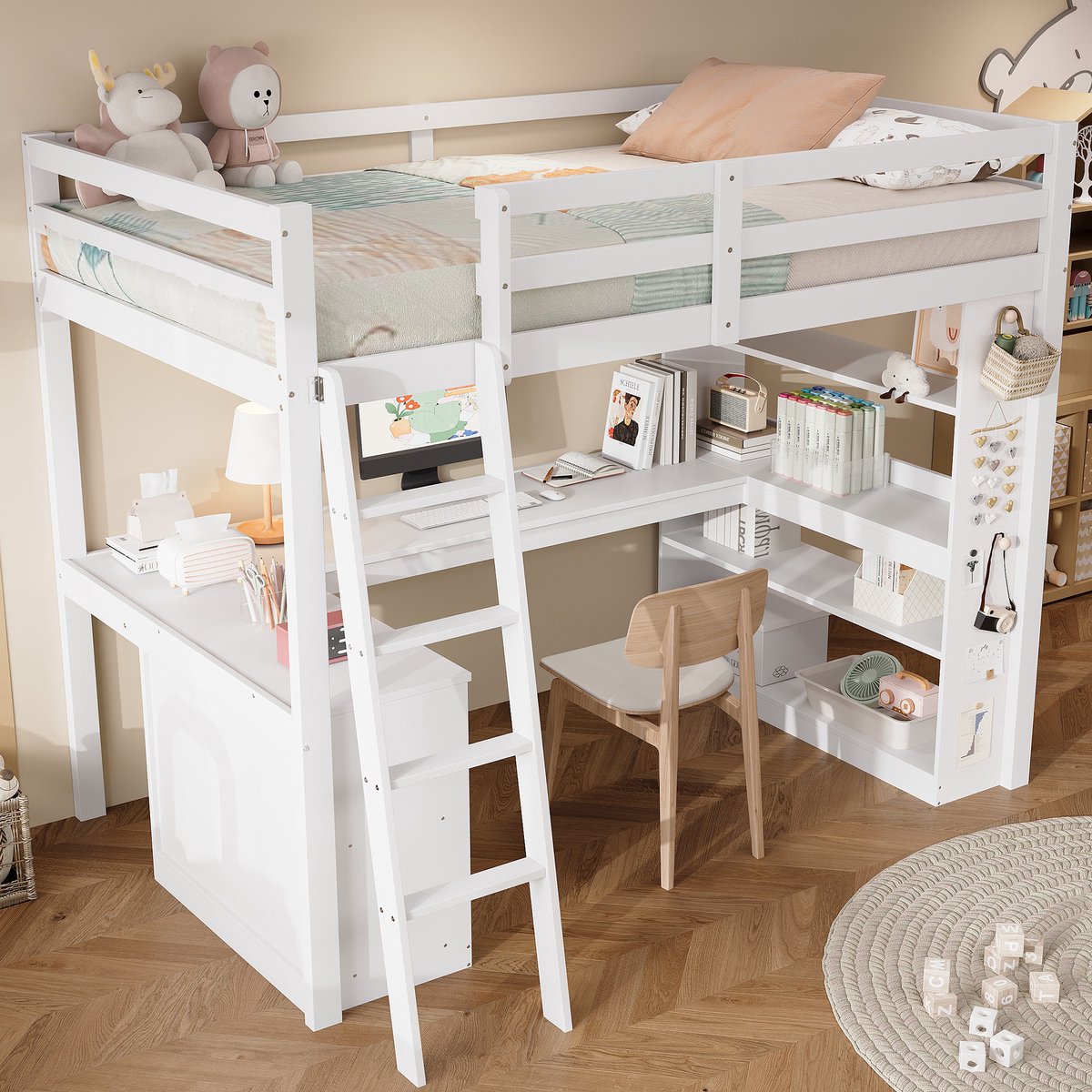 HAUSS SPOLE Hoogslaper - 90x200 - Kinderhoogslaper Met Bureau En Opbergruimte - Vuren - Wit