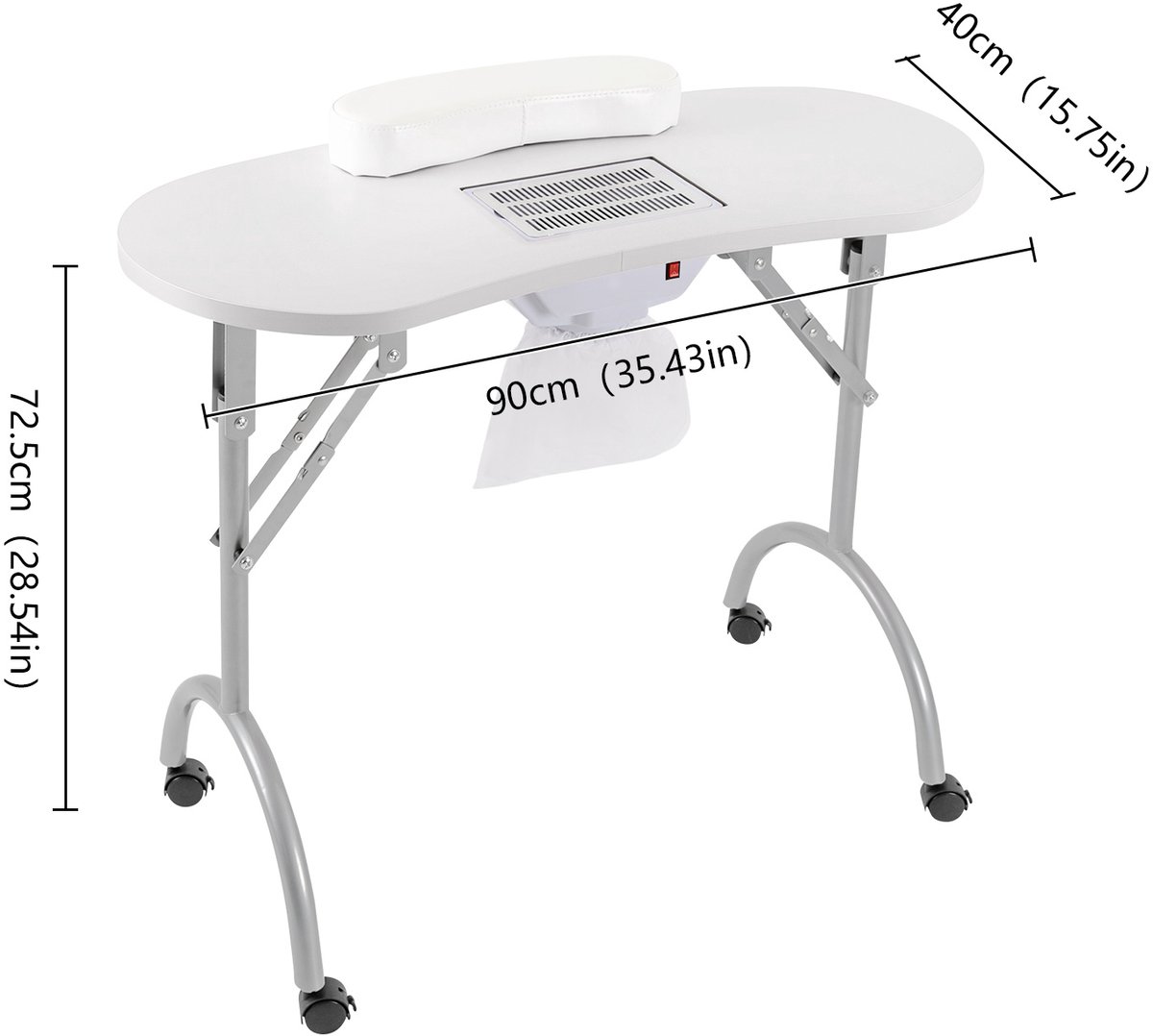 Mila Shop Manicuretafel - Bureau - Nageltafel - Inklapbare tafel - Met wielen - Met afzuiging - Met steun kussen - Wit - 90x40x72.5cm
