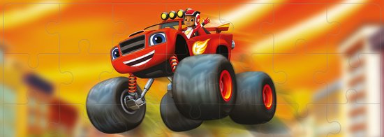 De tijger-monstertruck Starla, de groene monstertruck Darington en de blauwe monstertruck Stripes.