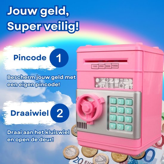 RAMBUX® - Coffre-fort avec PIN & Son - Rose - Tirelire - Pièces & Billets - Tirelire Automatique - Jouets Éducatif