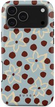 Lichtblauwe telefoonhoes met bruine stippen en beige bloemenpatroon.
