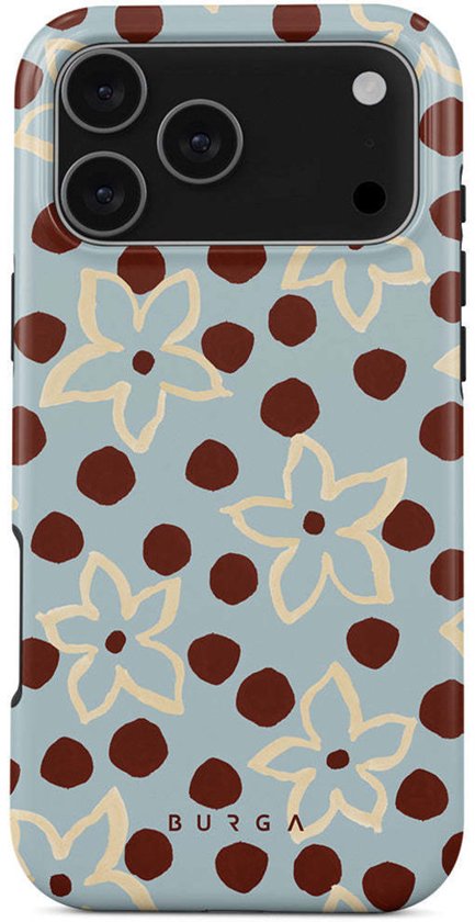 Lichtblauwe telefoonhoes met bruine stippen en beige bloemenpatroon.