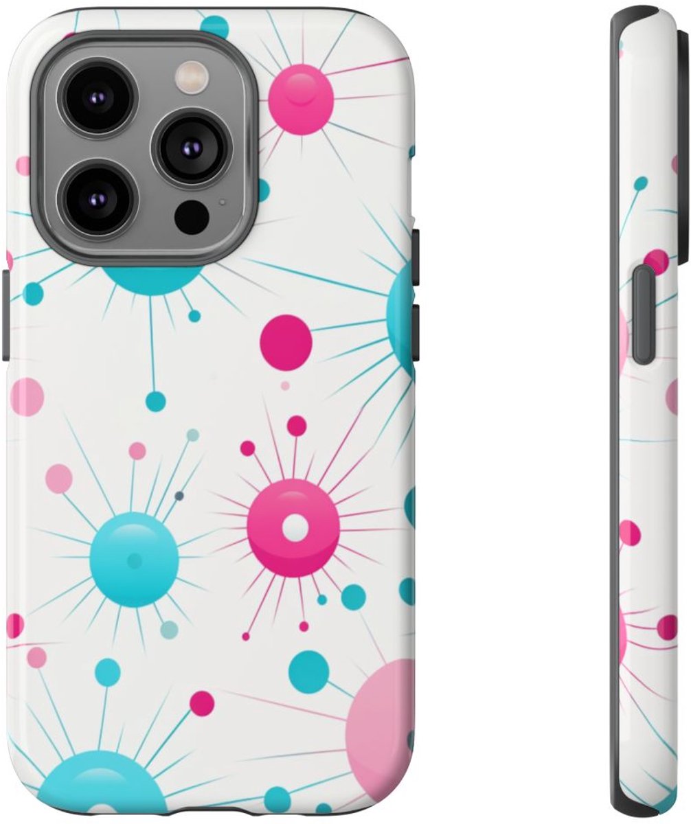 Retro Atomisch Patroon in Roze en Turquoise – Telefoonhoesje Geschikt voor iPhone 14 Pro