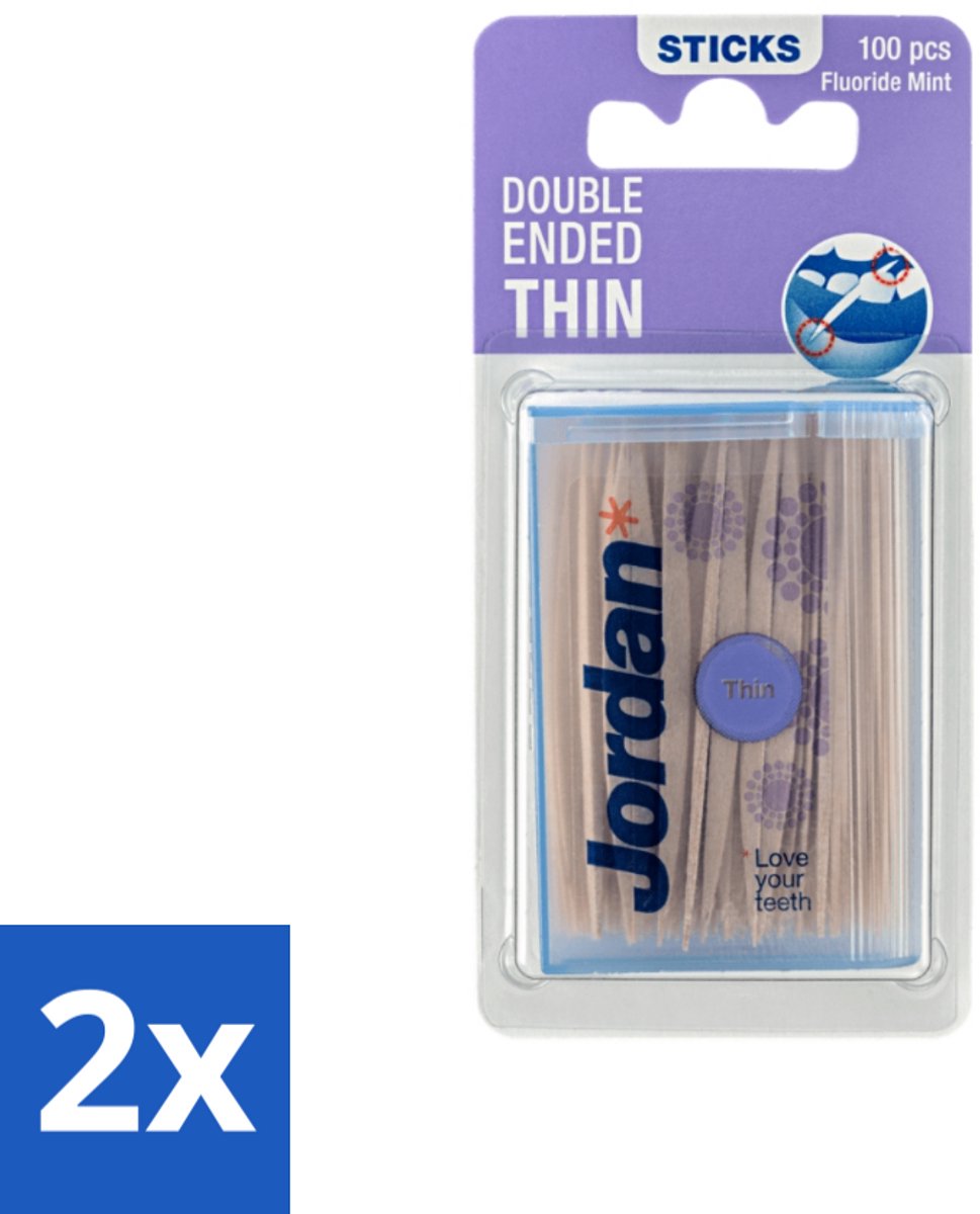 2 x Jordan Tandenstokers Double Ended Thin 100 stuks per verpakking - Tandenstokers - Dubbelzijdige Tandenstokers - Interdentale Reiniging - Tandplak Verwijderen - Fluoride