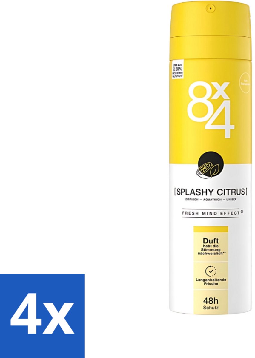 4 x 8 x 4 Deospray - Splashy Citrus - Deodorant - Citrusgeur - 150 ml - Citrus Deodorant - Energiegeur - Frisse Geur - Zweetbescherming - Huidverzorging